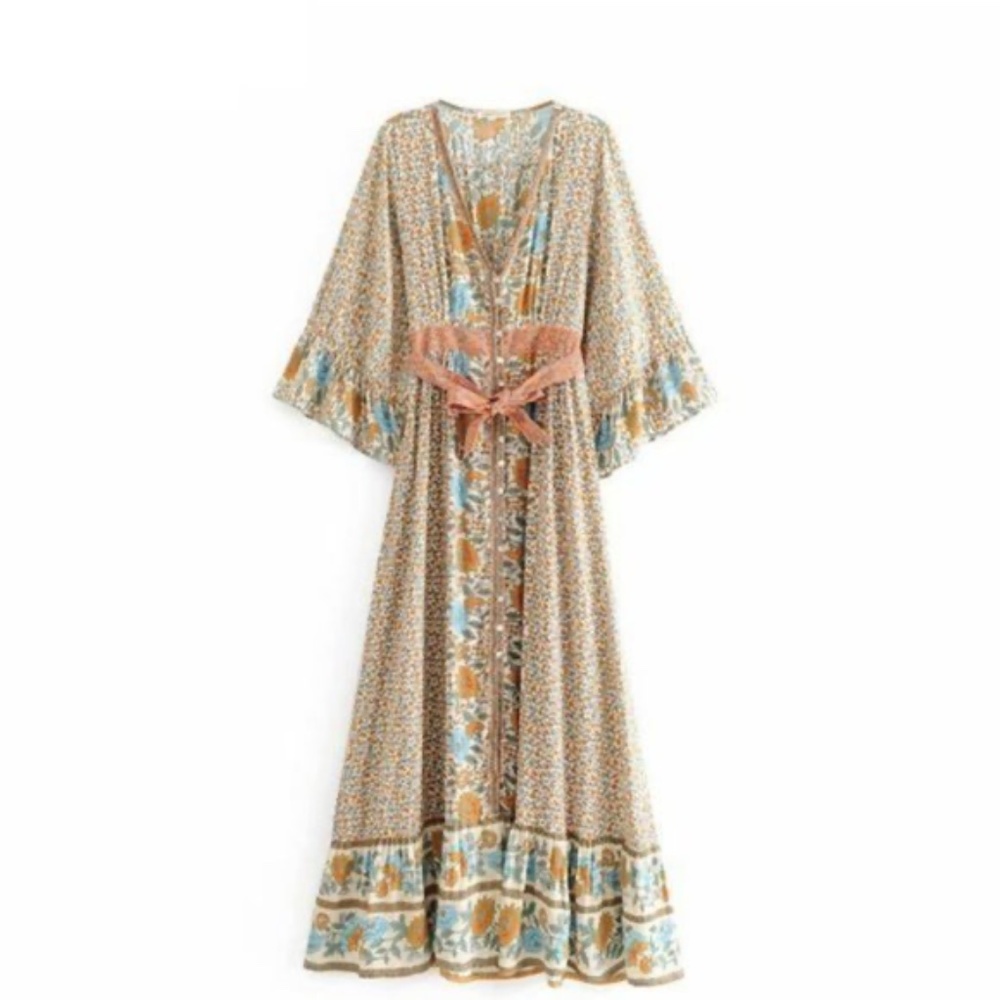 08 Boho Floral Print Button up Belted Kimono Dress - Picture 6 of 7